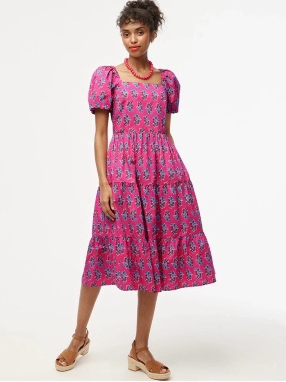 J. Crew Tiered Floral Smocked Puff Sleeves Garden Party Midi Dress Size 8 EUC